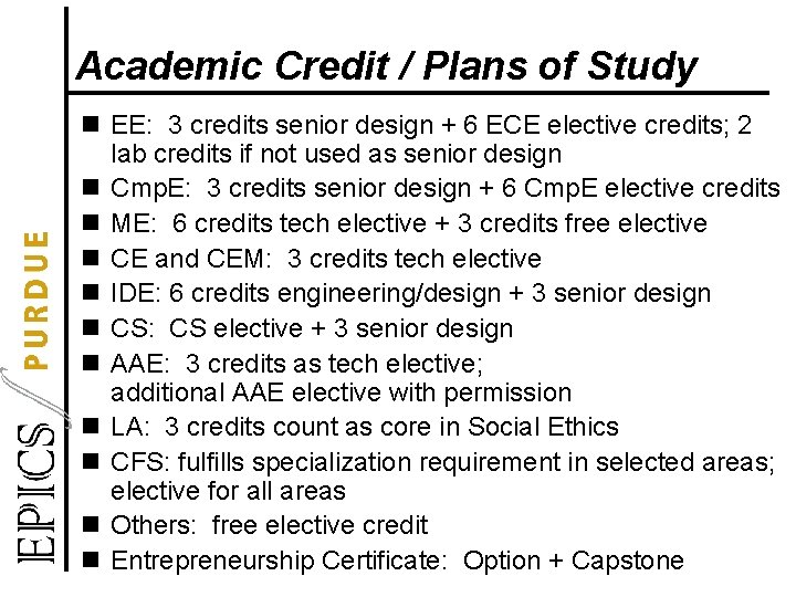 Academic Credit / Plans of Study n EE: 3 credits senior design + 6