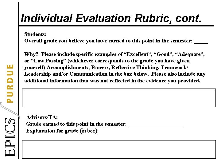Individual Evaluation Rubric, cont. Students: Overall grade you believe you have earned to this