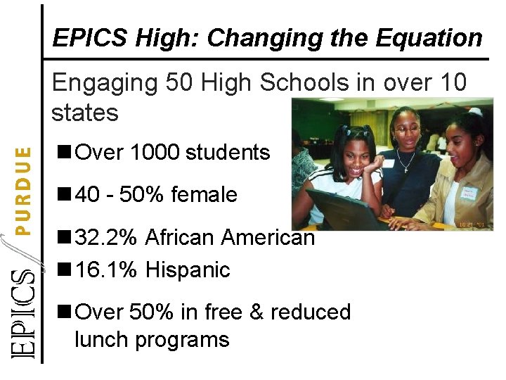 EPICS High: Changing the Equation Engaging 50 High Schools in over 10 states n