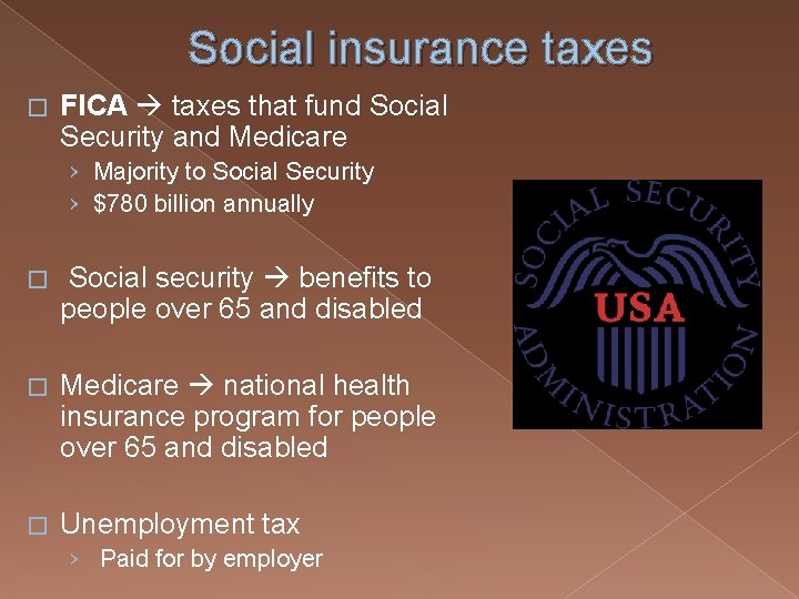 Social insurance taxes � FICA taxes that fund Social Security and Medicare › Majority