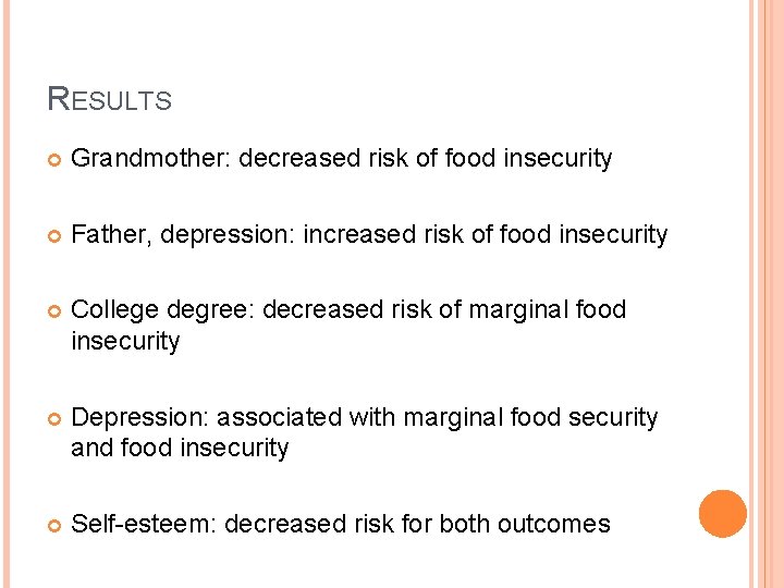 RESULTS Grandmother: decreased risk of food insecurity Father, depression: increased risk of food insecurity