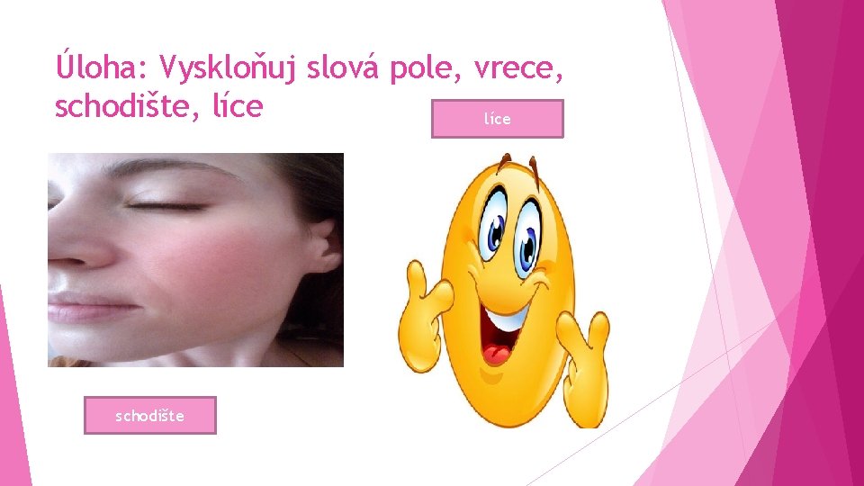 Úloha: Vyskloňuj slová pole, vrece, schodište, líce schodište 