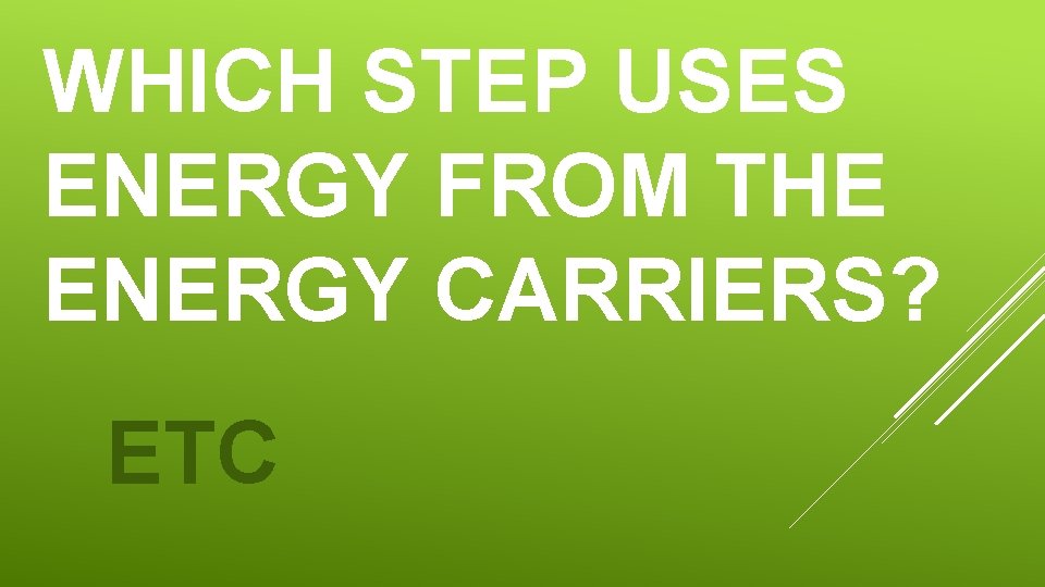 WHICH STEP USES ENERGY FROM THE ENERGY CARRIERS? ETC WHICH STEP USES ENERGY FROM THE ENERGY CARRIERS? ETC
