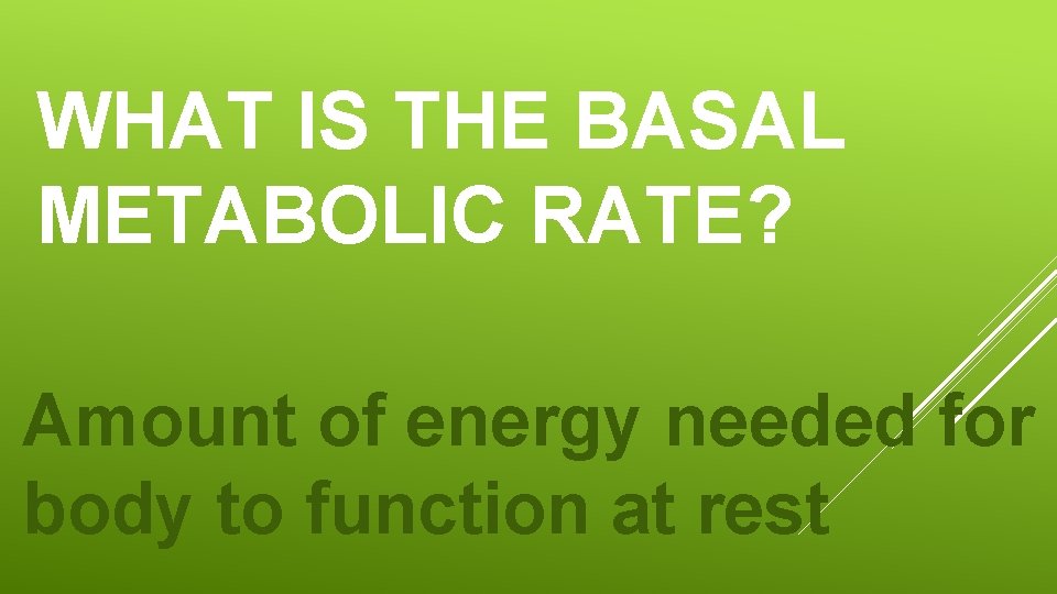 WHAT IS THE BASAL METABOLIC RATE? Amount of energy needed for body to function
