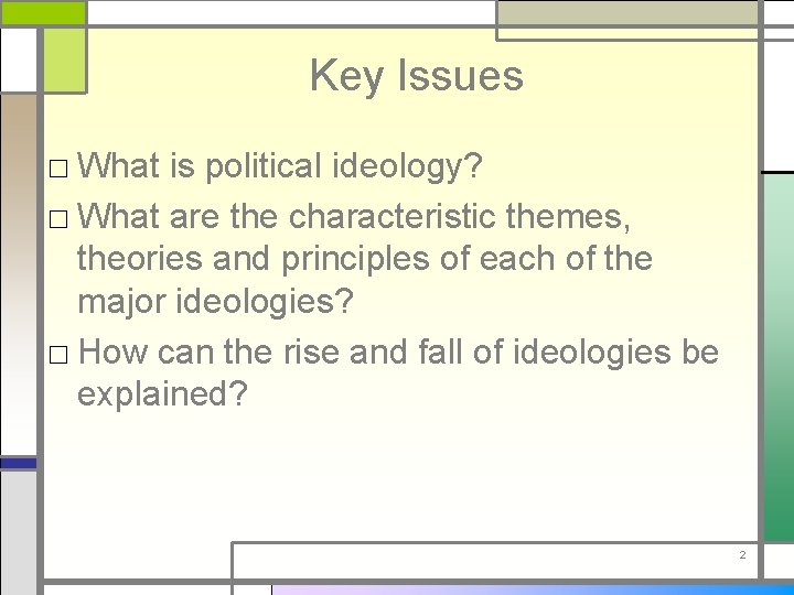 Key Issues □ What is political ideology? □ What are the characteristic themes, theories