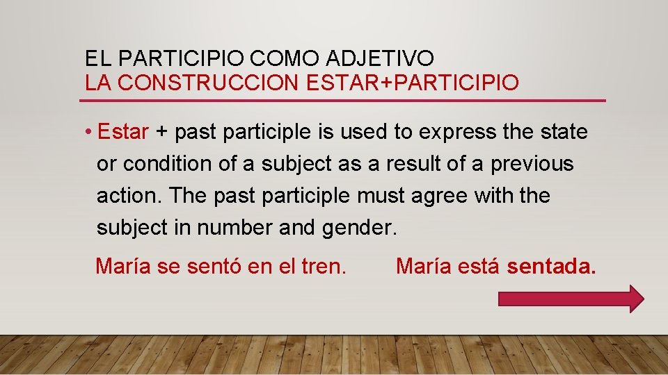 EL PARTICIPIO COMO ADJETIVO LA CONSTRUCCION ESTAR+PARTICIPIO • Estar + past participle is used