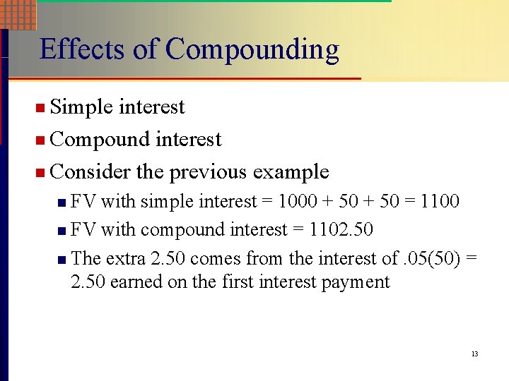 Effects of Compounding n Simple interest n Compound interest n Consider the previous example