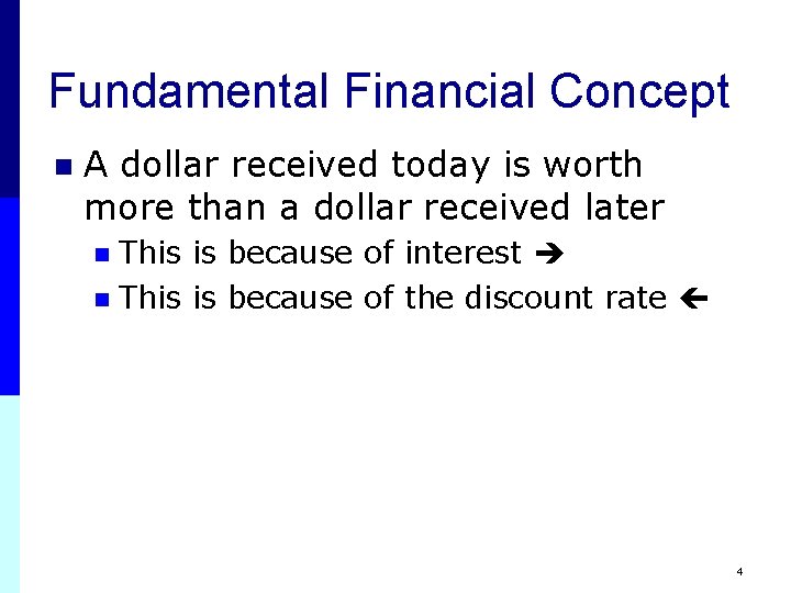 Fundamental Financial Concept n A dollar received today is worth more than a dollar