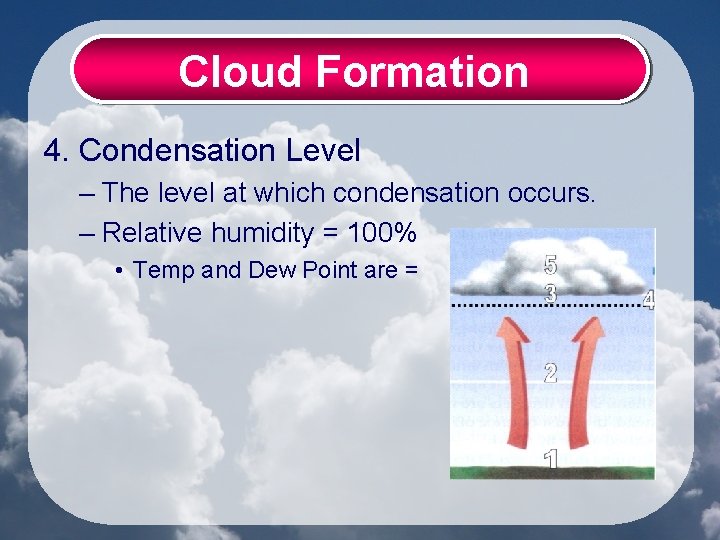 Cloud Formation 4. Condensation Level – The level at which condensation occurs. – Relative