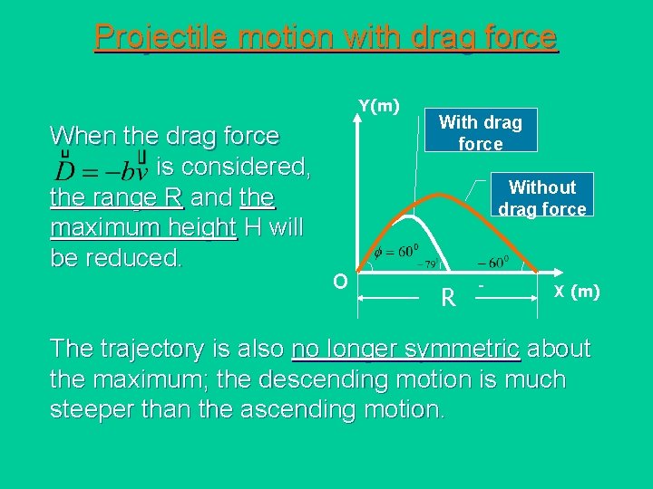 Projectile motion with drag force Y(m) When the drag force is considered, the range