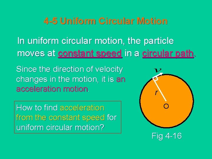 4 -5 Uniform Circular Motion In uniform circular motion, the particle moves at constant