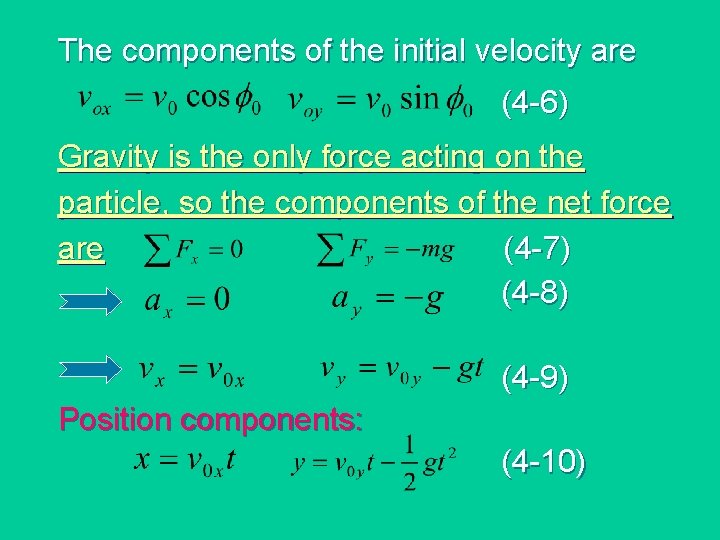 The components of the initial velocity are (4 -6) Gravity is the only force