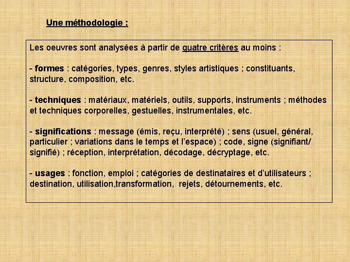 Une méthodologie : Les oeuvres sont analysées à partir de quatre critères au moins