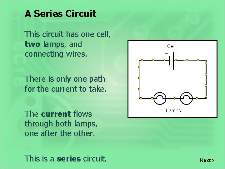 A Series Circuit This circuit has one cell, two lamps, and connecting wires. Cell
