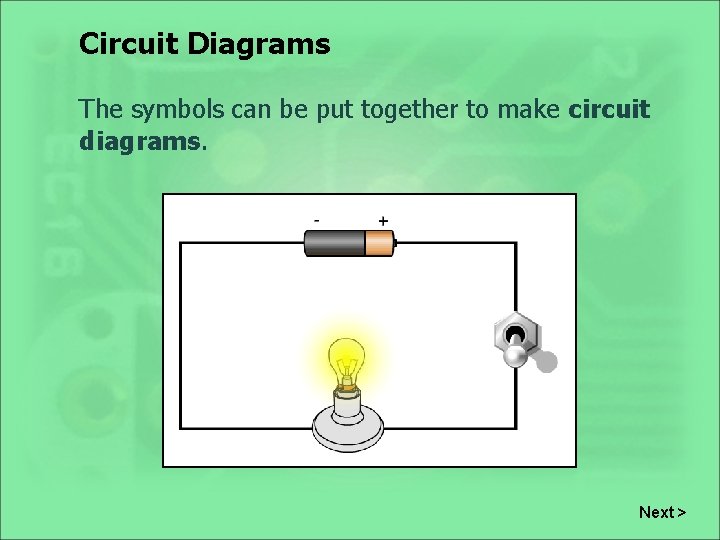 Circuit Diagrams The symbols can be put together to make circuit diagrams. Next >