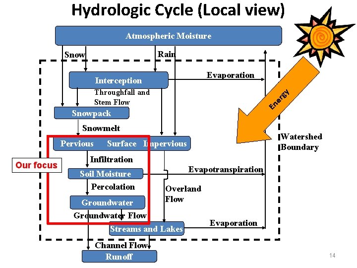 Hydrologic Cycle (Local view) Atmospheric Moisture Rain Snow Evaporation Interception En er gy Throughfall