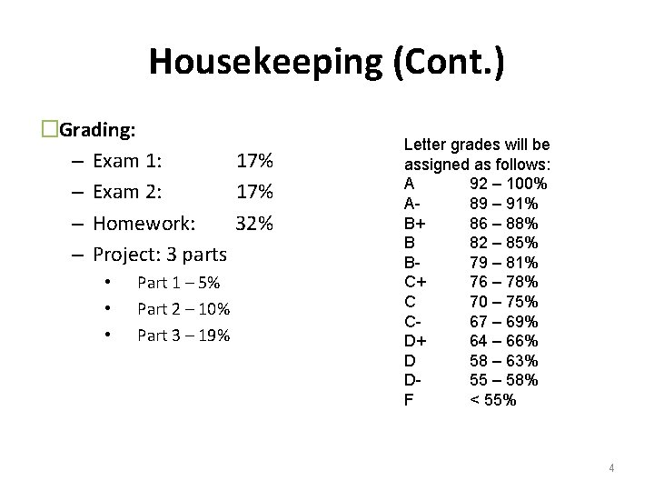 Housekeeping (Cont. ) �Grading: – Exam 1: 17% – Exam 2: 17% – Homework: