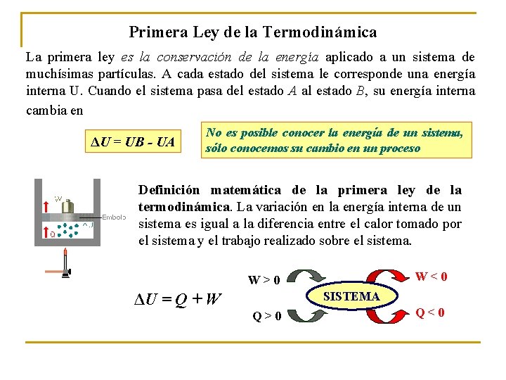 Primera Ley de la Termodinámica La primera ley es la conservación de la energía