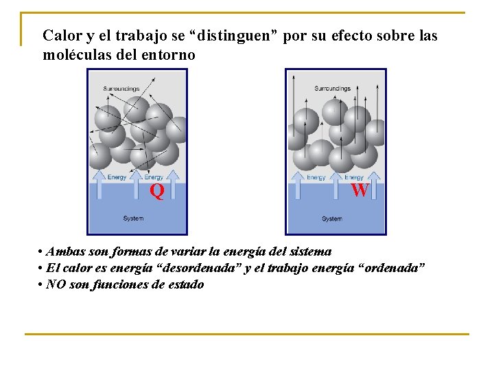 Calor y el trabajo se “distinguen” por su efecto sobre las moléculas del entorno