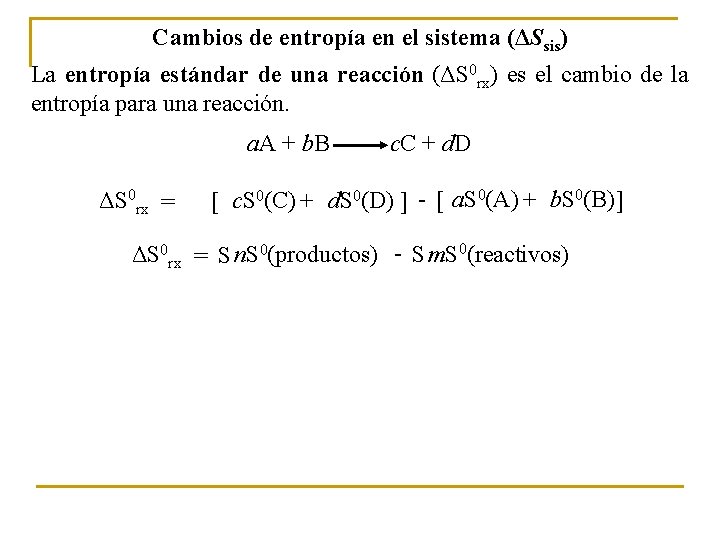 Cambios de entropía en el sistema (ΔSsis) La entropía estándar de una reacción (ΔS