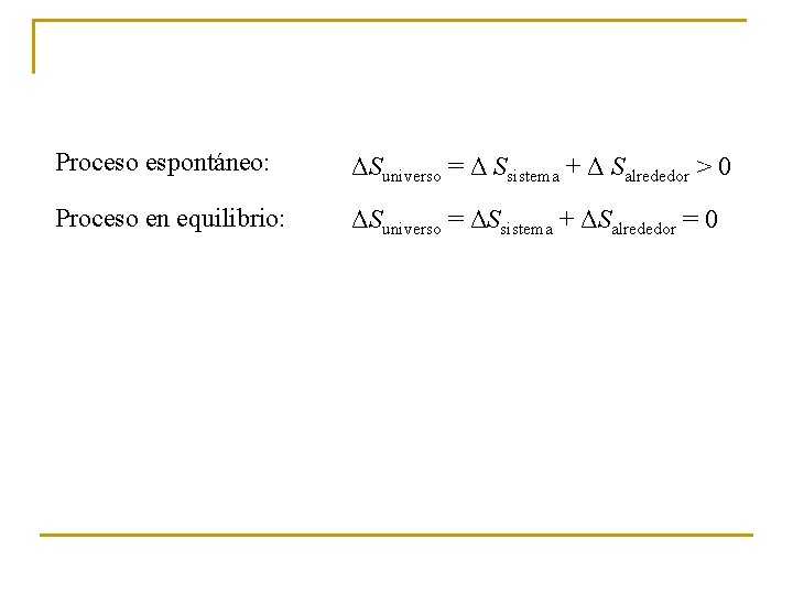 Proceso espontáneo: ΔSuniverso = Δ Ssistema + Δ Salrededor > 0 Proceso en equilibrio: