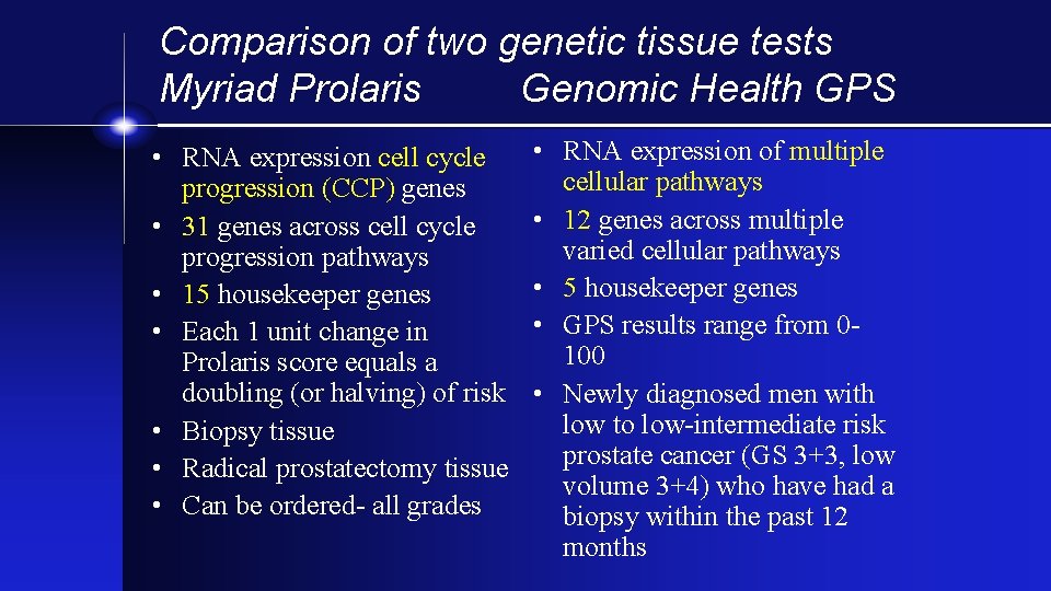 Comparison of two genetic tissue tests Myriad Prolaris Genomic Health GPS • RNA expression