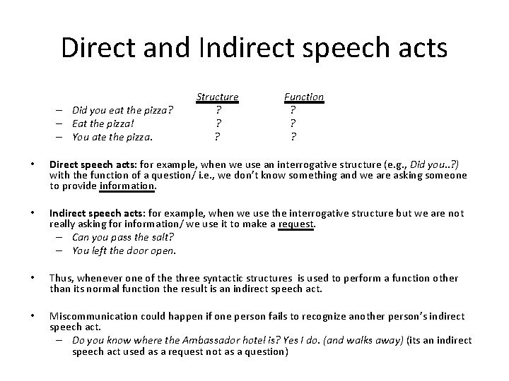 Direct and Indirect speech acts – Did you eat the pizza? – Eat the