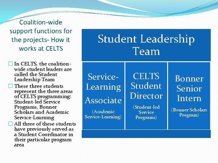 Coalition-wide support functions for the projects- How it works at CELTS � In CELTS,