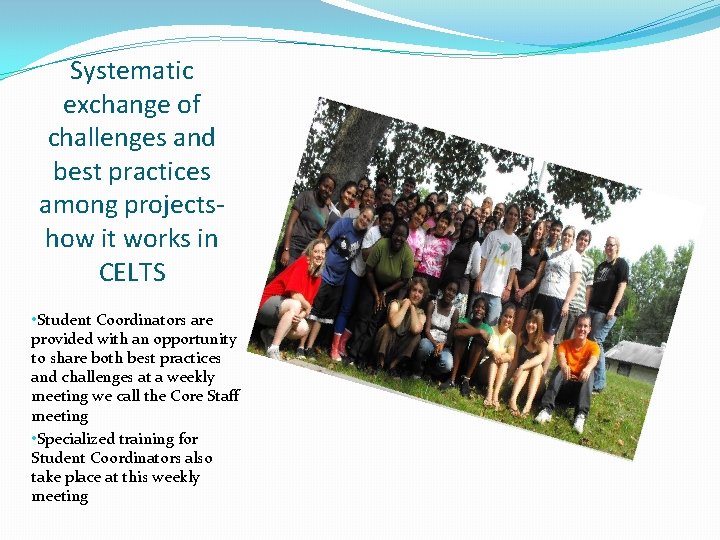 Systematic exchange of challenges and best practices among projectshow it works in CELTS •