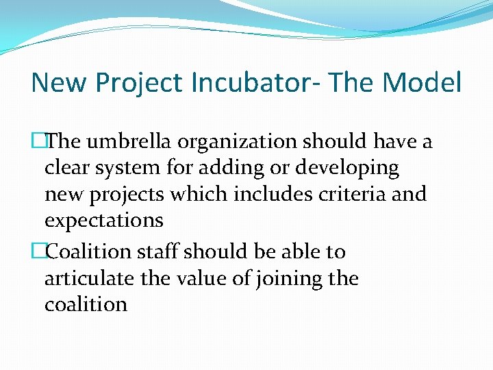 New Project Incubator- The Model �The umbrella organization should have a clear system for