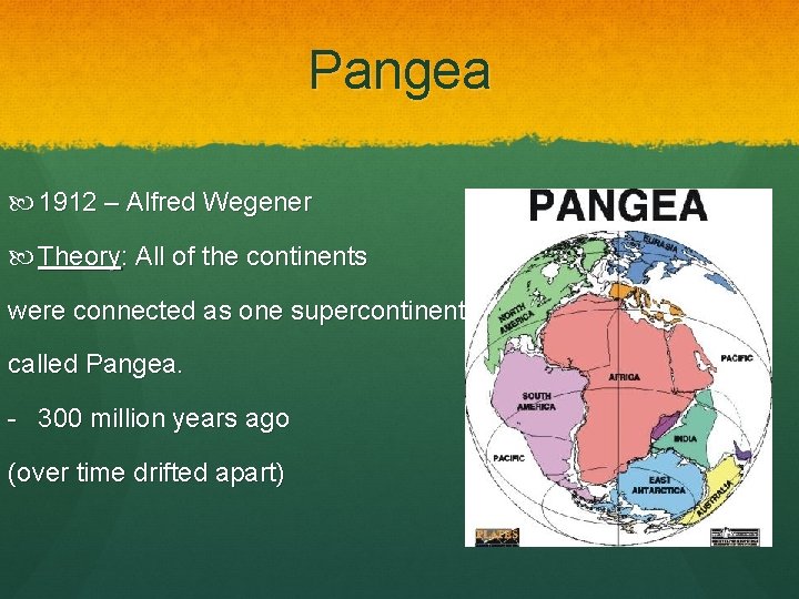 Pangea 1912 – Alfred Wegener Theory: All of the continents were connected as one