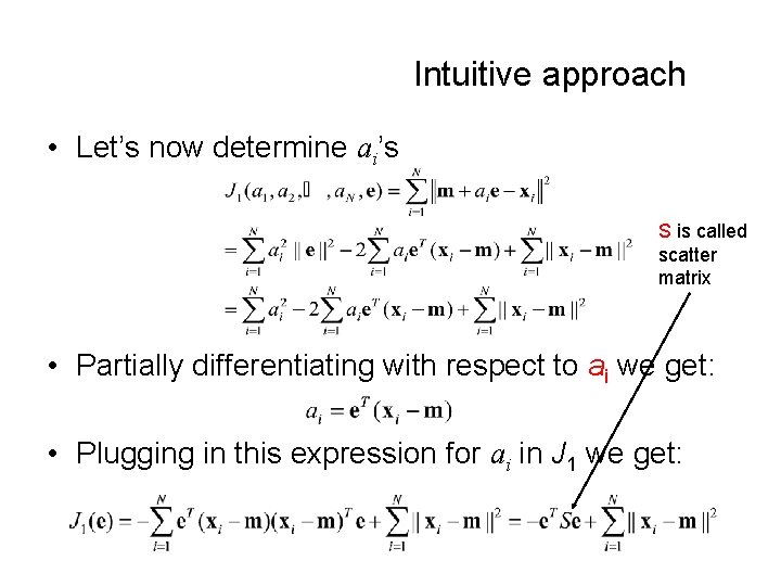 Intuitive approach • Let’s now determine ai’s S is called scatter matrix • Partially Intuitive approach • Let’s now determine ai’s S is called scatter matrix • Partially