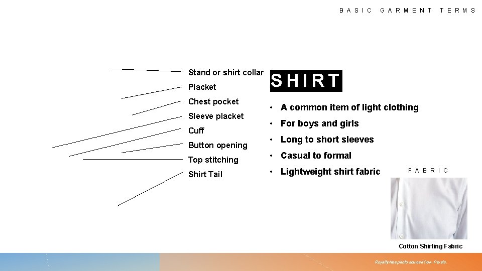 B A S I C Stand or shirt collar Placket Chest pocket Sleeve placket