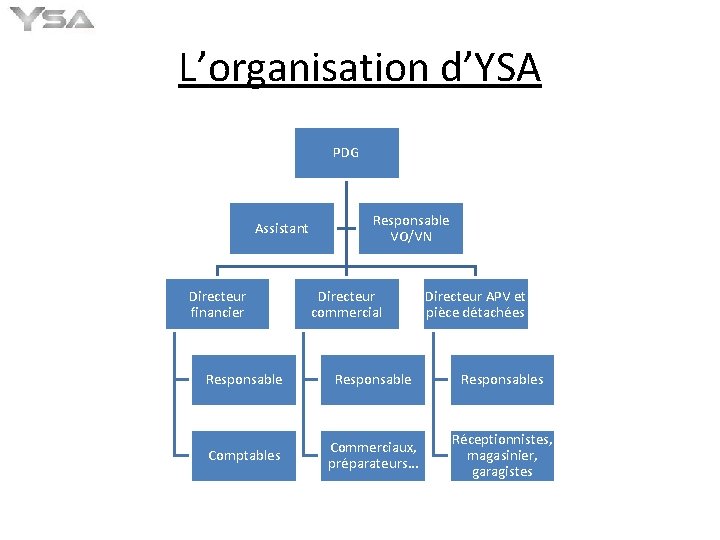 L’organisation d’YSA PDG Assistant Directeur financier Responsable VO/VN Directeur commercial Directeur APV et pièce