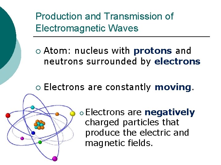 Production and Transmission of Electromagnetic Waves ¡ ¡ Atom: nucleus with protons and neutrons Production and Transmission of Electromagnetic Waves ¡ ¡ Atom: nucleus with protons and neutrons