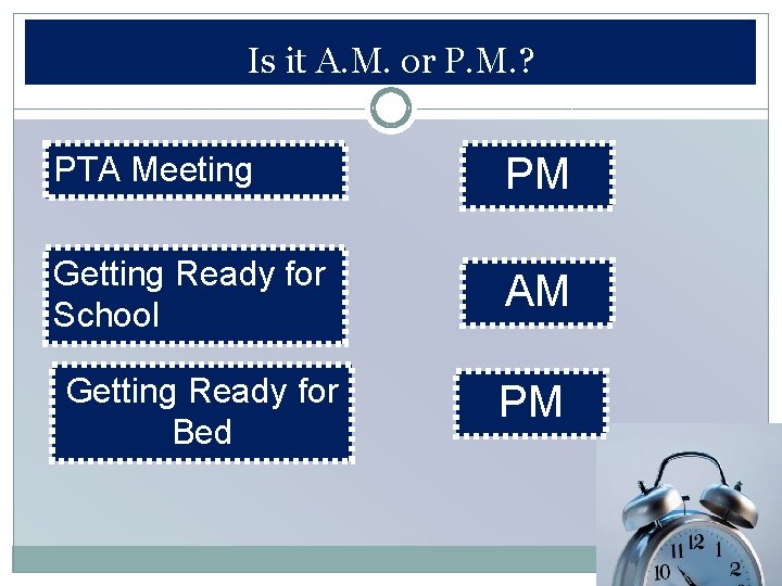 Is it A. M. or P. M. ? PTA Meeting PM Getting Ready for