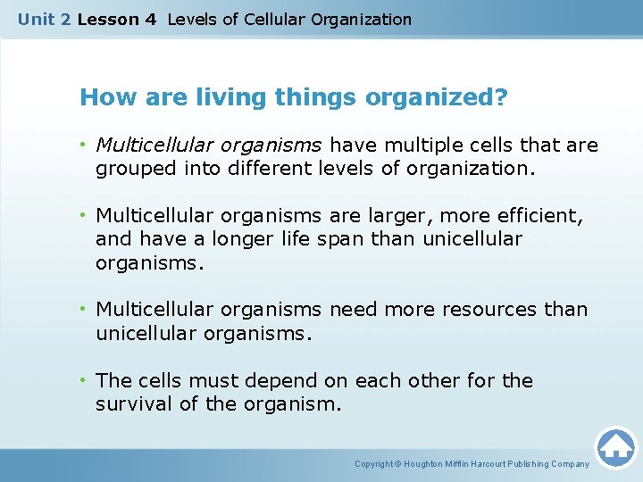 Unit 2 Lesson 4 Levels of Cellular Organization How are living things organized? • Unit 2 Lesson 4 Levels of Cellular Organization How are living things organized? •