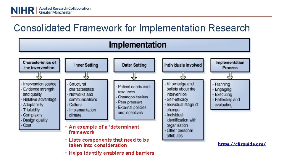 Consolidated Framework for Implementation Research • An example of a ‘determinant framework’ • Lists