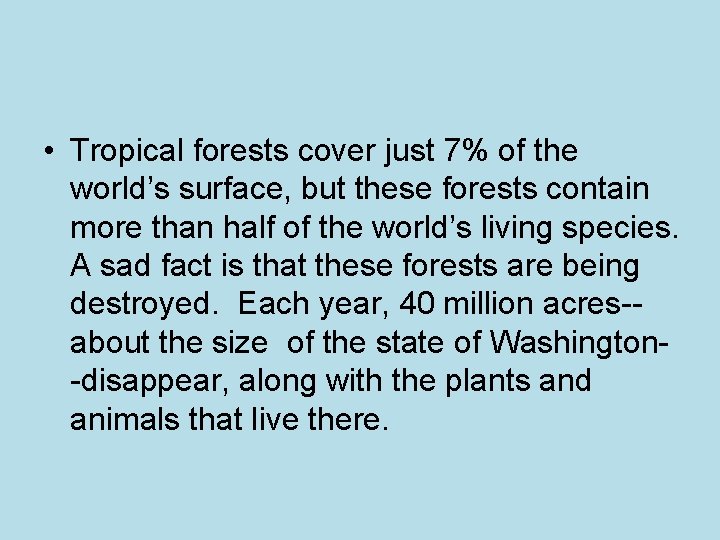  • Tropical forests cover just 7% of the world’s surface, but these forests