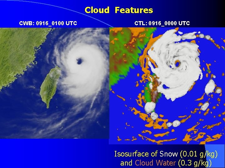 Cloud Features CWB: 0916_0100 UTC CTL: 0916_0000 UTC Isosurface of Snow (0. 01 g/kg)