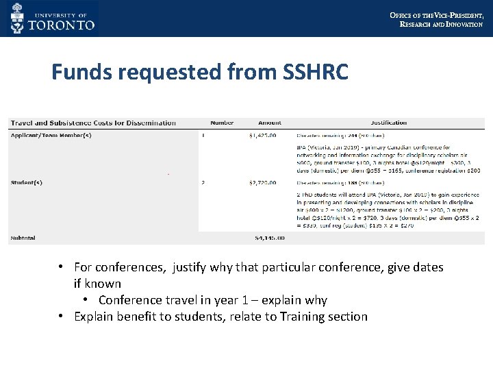 OFFICE OF THEVICE-PRESIDENT, RESEARCH AND INNOVATION Funds requested from SSHRC • For conferences, justify