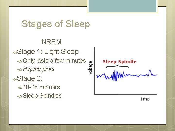 Stages of Sleep NREM Stage 1: Light Sleep Only lasts a few minutes Hypnic Stages of Sleep NREM Stage 1: Light Sleep Only lasts a few minutes Hypnic