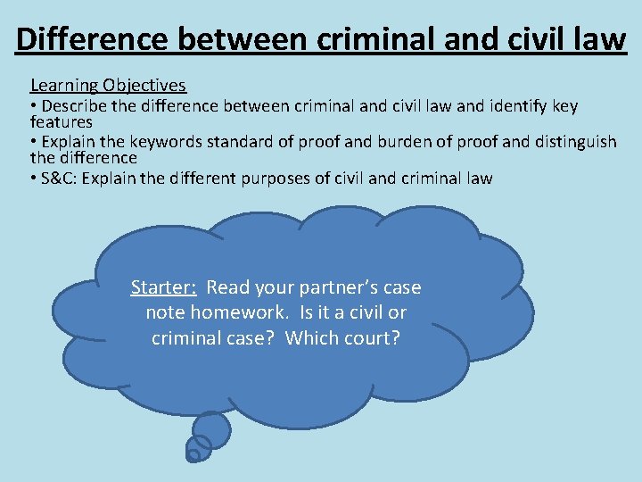 Difference between criminal and civil law Learning Objectives • Describe the difference between criminal