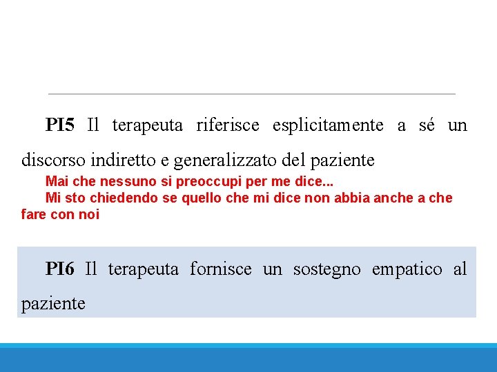 PI 5 Il terapeuta riferisce esplicitamente a sé un discorso indiretto e generalizzato del