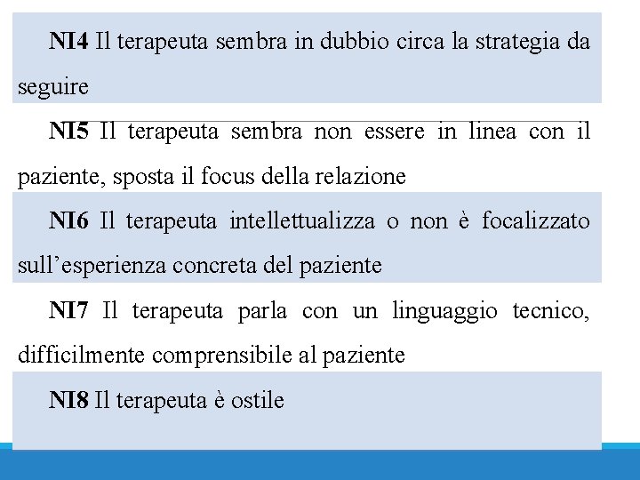 NI 4 Il terapeuta sembra in dubbio circa la strategia da seguire NI 5