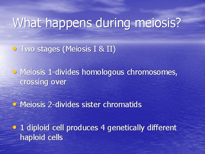 What happens during meiosis? • Two stages (Meiosis I & II) • Meiosis 1