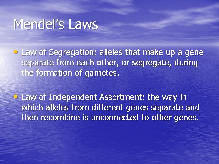 Mendel’s Laws • Law of Segregation: alleles that make up a gene separate from