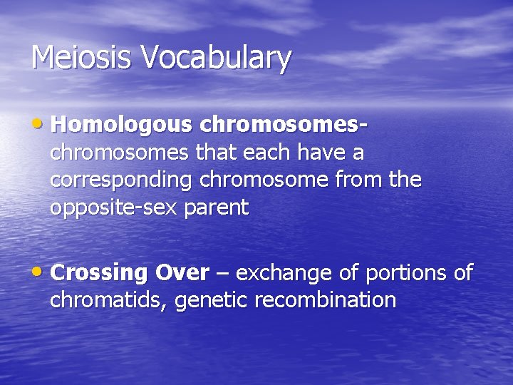 Meiosis Vocabulary • Homologous chromosomes- chromosomes that each have a corresponding chromosome from the