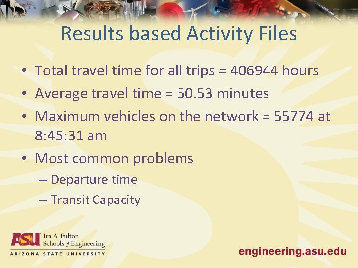 Results based Activity Files • Total travel time for all trips = 406944 hours