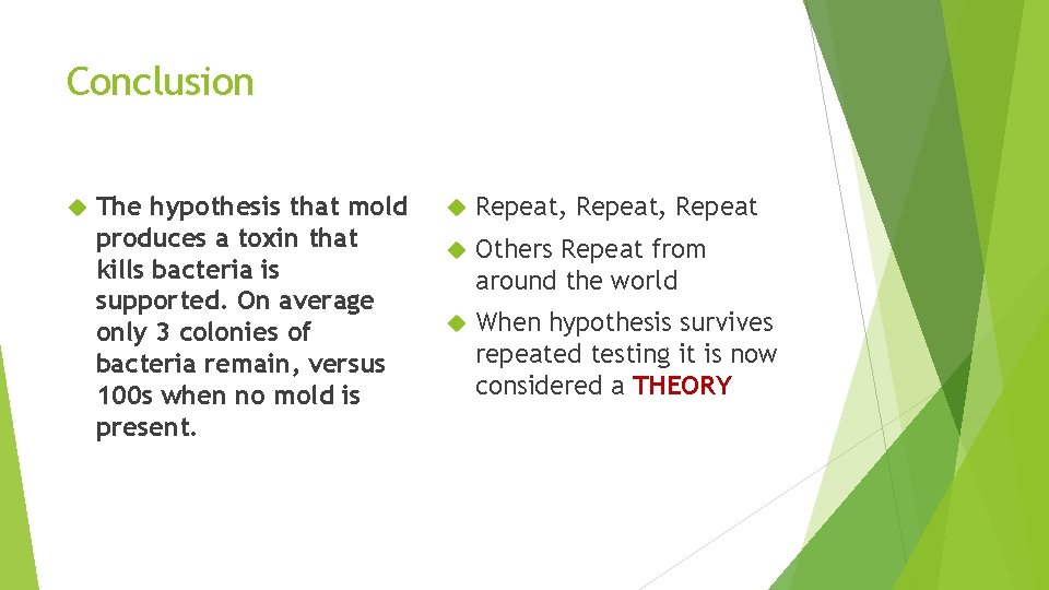 Conclusion The hypothesis that mold produces a toxin that kills bacteria is supported. On